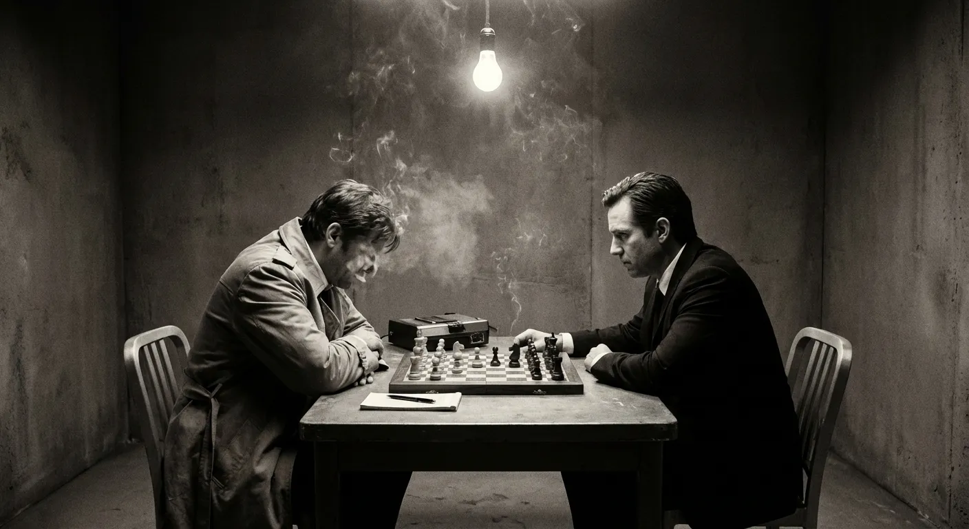 A chess game under interrogation lighting
